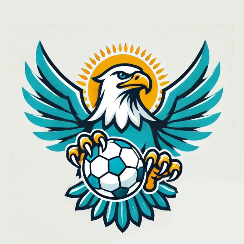 An eagle with spread wings and a yellow sun behind it is holding a soccer ball in its claws.