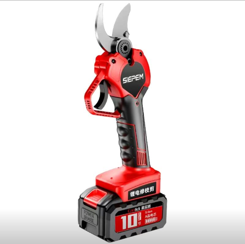 A red and black SIEPEM electric pruning shear is displayed, featuring a curved blade and a battery pack labeled 'POWER SHARE' and '10'. The text 'Colicli 品质' and 'li-ion A品电芯' are also visible on the battery.
