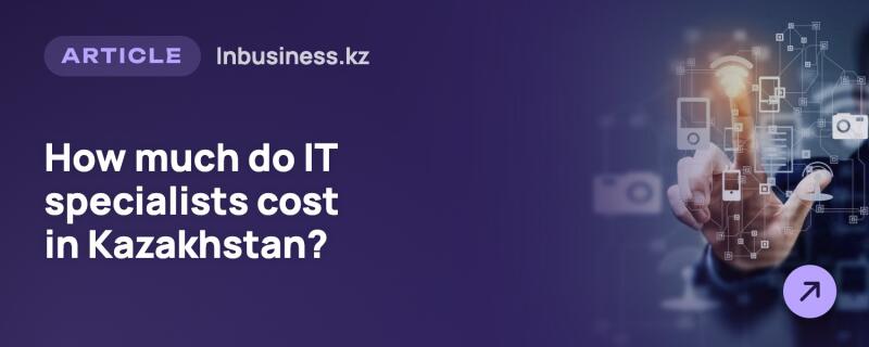 A dark purple background displays the text "ARTICLE Inbusiness.kz" and "How much do IT specialists cost in Kazakhstan?". A hand on the right interacts with a glowing digital network of interconnected icons (Wi-Fi, phones, cameras), with a purple arrow icon at the bottom right.