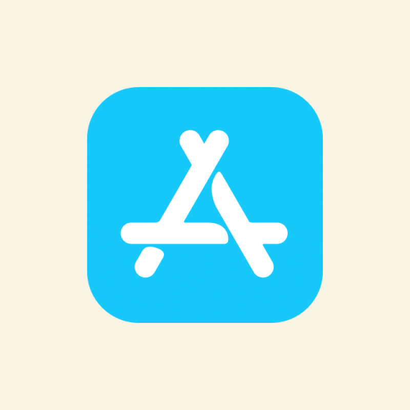 The image features the App Store logo, which consists of a stylized white letter 'A' made from three rounded shapes, set against a rounded square of light blue.