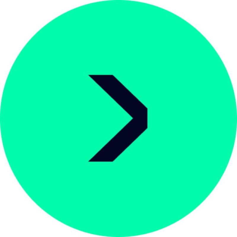 The image features a right-pointing chevron in dark blue against a light green circular background.