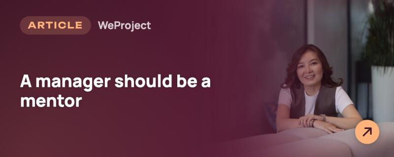An article banner featuring a smiling woman sitting behind a sofa on the right, with text on a dark red background on the left that reads: 'ARTICLE WeProject A manager should be a mentor'. An orange arrow icon is also visible in the bottom right corner.