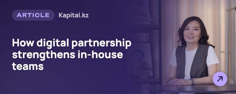 A smiling woman with dark hair, wearing a white t-shirt and a dark vest, is seated at a table. The left side of the image features a purple overlay with white text: "ARTICLE Kapital.kz How digital partnership strengthens in-house teams", and a purple circular button with an arrow is in the bottom right corner.