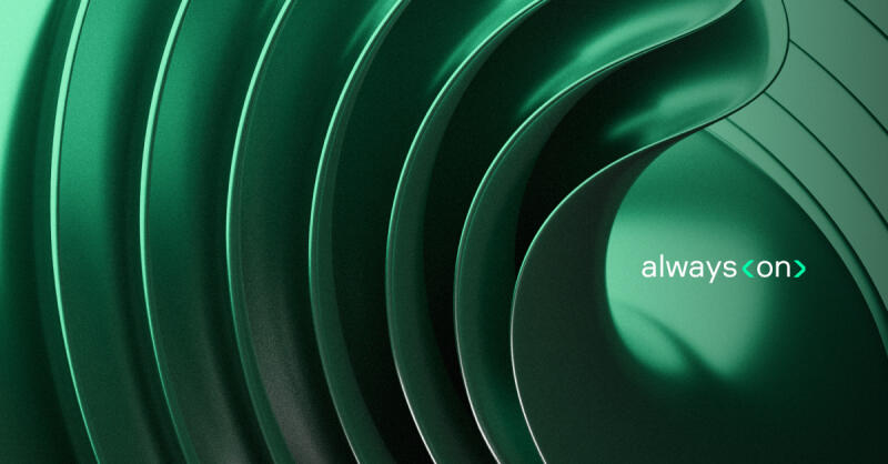 The image features a glossy, green, curved, metallic pattern with the text "always" and "on" separated by angle brackets.