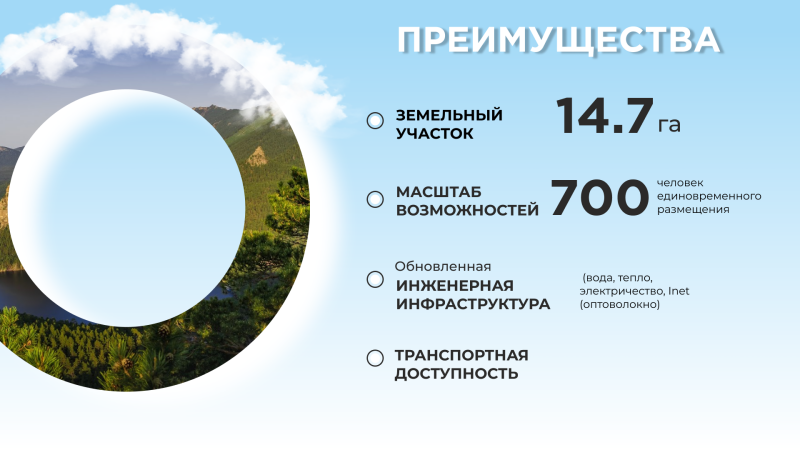 The image displays a list of advantages, including land plot of 14.7 hectares, a capacity of 700 people, updated engineering infrastructure (water, heat, electricity, Inet (fiber optic)), and transport accessibility.