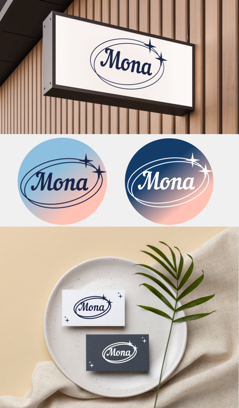 The image features the brand "Mona" on a sign, two circular logo variations, and business cards, alongside a tropical leaf on a plate.