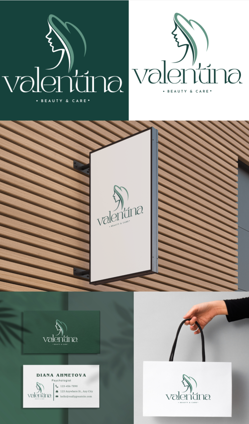 The image showcases the branding for "Valentina Beauty & Care" across different applications: a dark green and white logo presentation, a sign on a wooden slat wall, business cards for Diana Ahmetova (Psychologist), and a shopping bag held by a hand.