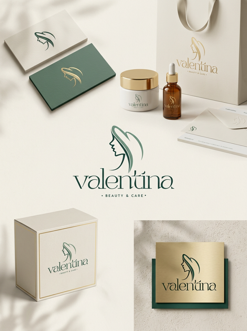 A branding presentation for "Valentina • BEAUTY & CARE" featuring a stylized woman's profile logo, displayed across various items including business cards, a cream jar, a dropper bottle, a shopping bag, stationery, a product box, and a wall sign in green and gold on cream and dark green backgrounds.