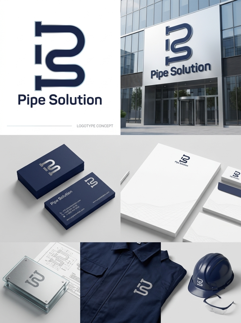 A branding concept for 'Pipe Solution' is presented, featuring a logo with stylized 'PS' pipe shapes applied to a building facade, business cards, letterheads, a metal plaque, a dark blue uniform, a hard hat, and safety glasses. The branding predominantly uses dark blue and white colors, with the text 'Pipe Solution' visible.