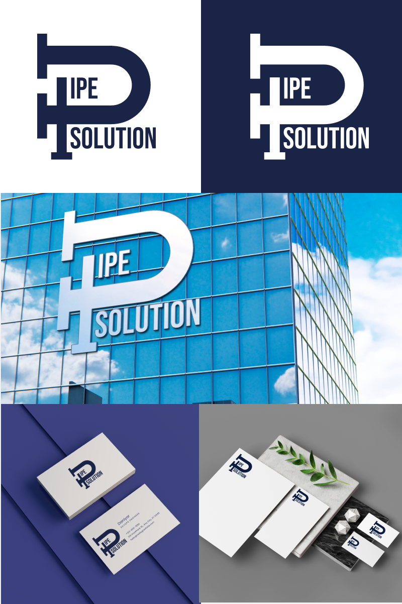 The image showcases the "IPE Solution" logo in various contexts: a clean graphic in dark blue on a white background and in white on a dark blue background, a building facade, business cards, and stationery.
