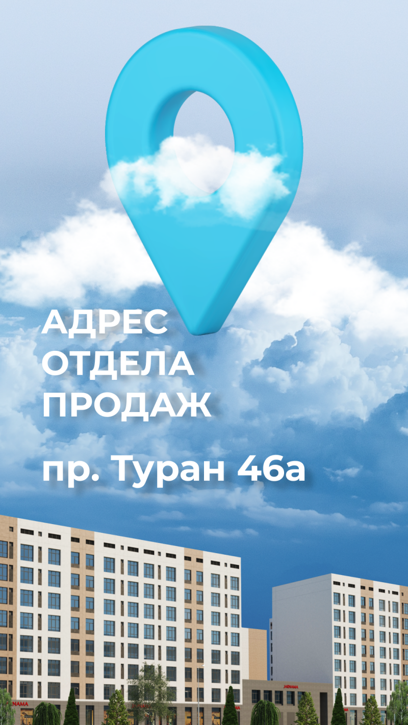 The image shows a location pin with clouds inside, with text "ADDRESS OF SALES DEPARTMENT pr. Turan 46a" above a building.