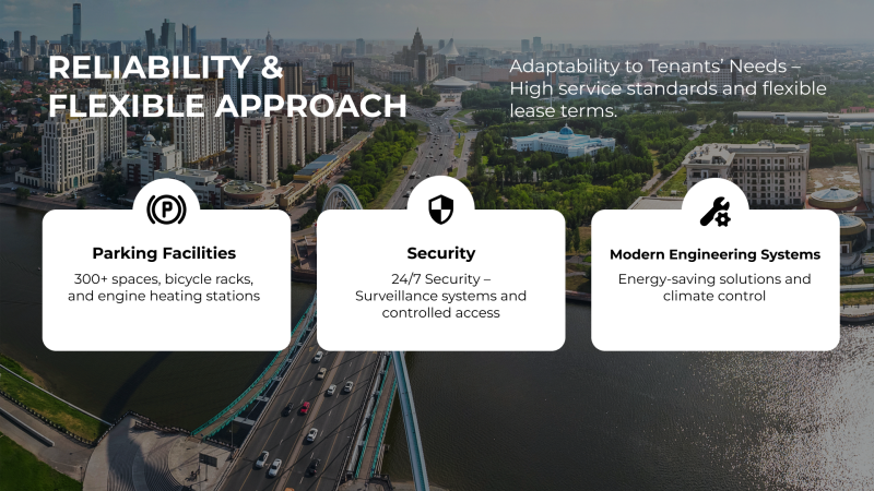 An aerial view of a city with featured text highlighting building amenities: "Reliability & Flexible Approach," "Parking Facilities: 300+ spaces, bicycle racks, and engine heating stations," "Security: 24/7 Security - Surveillance systems and controlled access," and "Modern Engineering Systems: Energy-saving solutions and climate control."
