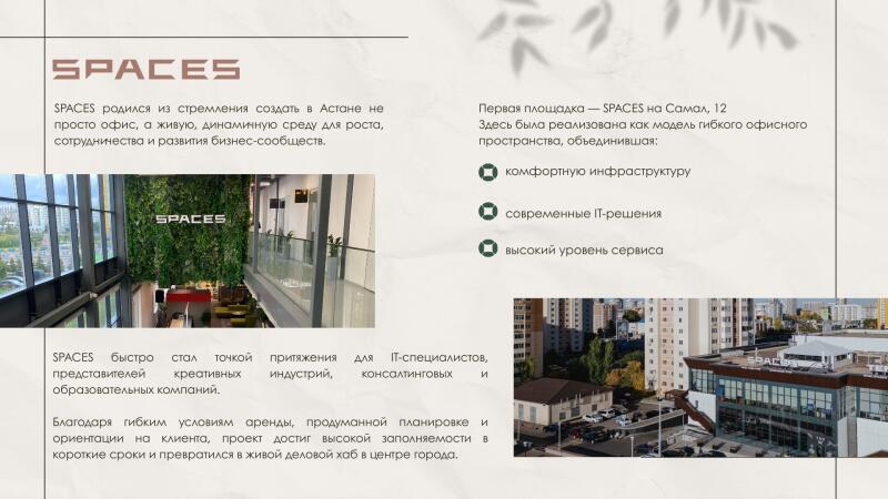 The image is a promotional layout for SPACES, an office space provider, featuring interior and exterior shots of their building, along with descriptions of their services and philosophy in Russian.