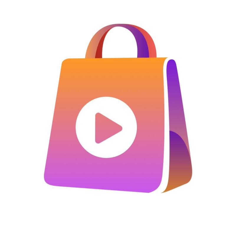 The image features a stylized shopping bag icon with a gradient color scheme transitioning from orange at the top to purple at the bottom. A white circle containing a forward-pointing triangle is centered on the bag's body.