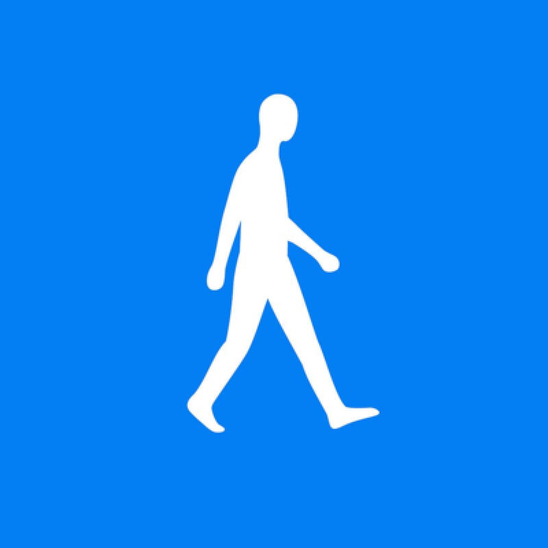 На изображении представлен белый силуэт идущего человека на сплошном синем фоне.