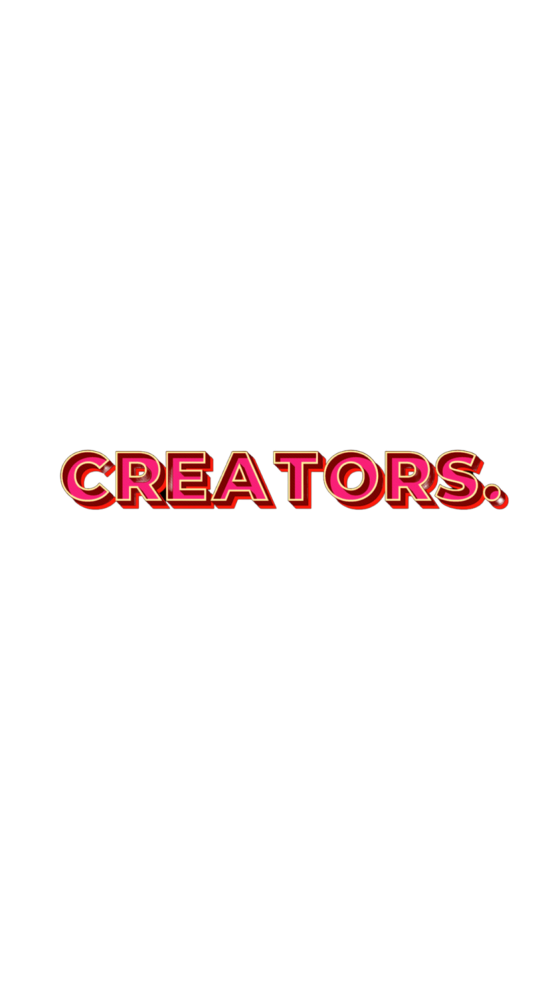 The image displays the word "CREATORS." in pink with a red outline, set against a black background.