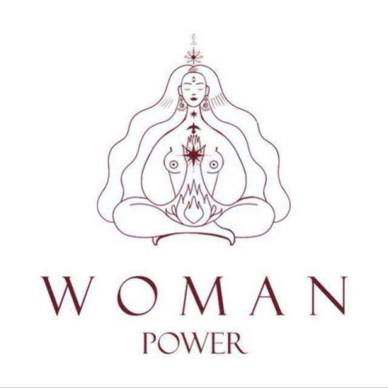 The image shows a drawing of a woman sitting in a meditative pose with long hair, and the words "WOMAN POWER" below. The drawing has a spiritual or mystical quality, with symbols above her head and on her chest.