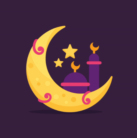 The image shows a crescent moon with a mosque, two stars, and spiral decorations on a purple background.