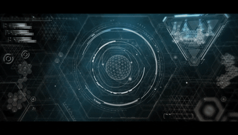 The image features a complex digital interface with circular and hexagonal shapes, lines, and geometric patterns, all in shades of blue and white against a dark background.