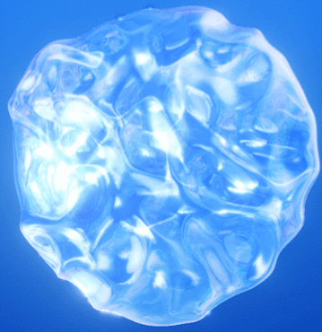 A translucent, slightly distorted sphere with internal blue and white highlights floats against a lighter blue background.