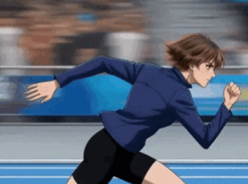 An anime-style female runner with short brown hair is shown in profile, wearing a dark blue long-sleeved top and black shorts, actively running on a blue track with a blurred background suggesting speed.