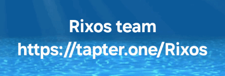 На изображении текст "Rixos team" и URL "https://tapter.one/Rixos" белым цветом на синем фоне, имитирующем воду.