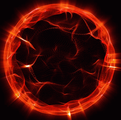 A red glowing orb with a textured interior and light flares around the edges is set against a black background.
