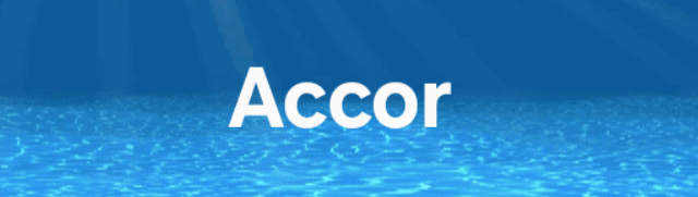 The image features the word "Accor" in white against a blue background that simulates water with light reflections and sunbeams.