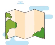 Бежевая сложенная карта с зелеными массивами суши по бокам, окруженная голубыми облаками.