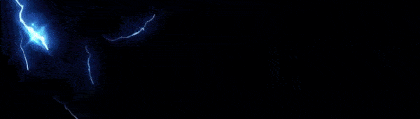 Blue lightning bolts illuminate a dark background on the left side of the image.