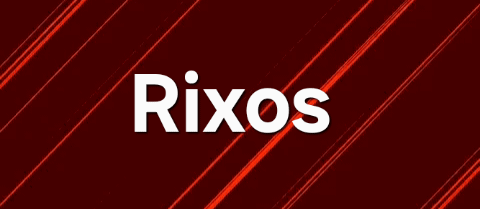 The image shows the word "Rixos" in white against a dark red background with diagonal red lines.