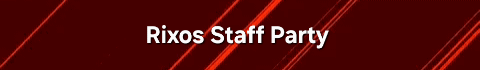 The image is a dark red banner with red diagonal stripes and the text "Rixos Staff Party" in white.