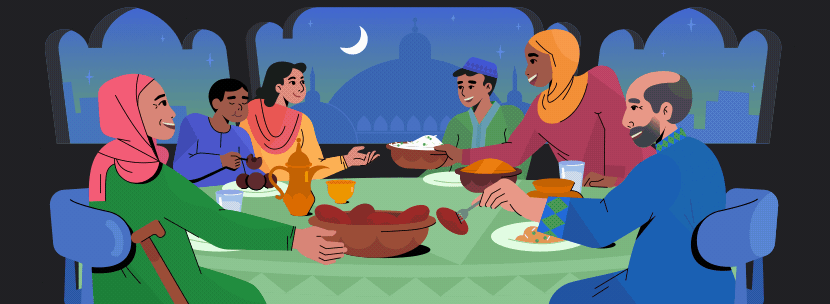 An illustration shows a family enjoying a meal together at a table filled with various dishes, set against a backdrop of a night sky featuring a crescent moon and mosque silhouettes.
