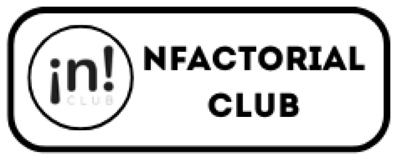 The image shows the logo of NFactorial Club, with the text 'in! CLUB' inside a circle on the left, and 'NFACTORIAL CLUB' written in bold letters on the right, all enclosed in a black border with rounded corners.