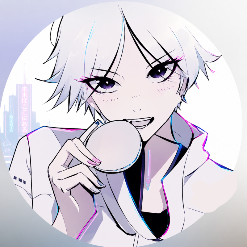 An anime character with short white hair and purple eyes bites a white headphone cup, wearing a white jacket. In the cyberpunk background, neon-lit buildings feature a sign with the Japanese text "未来はここにある" (The future is here).