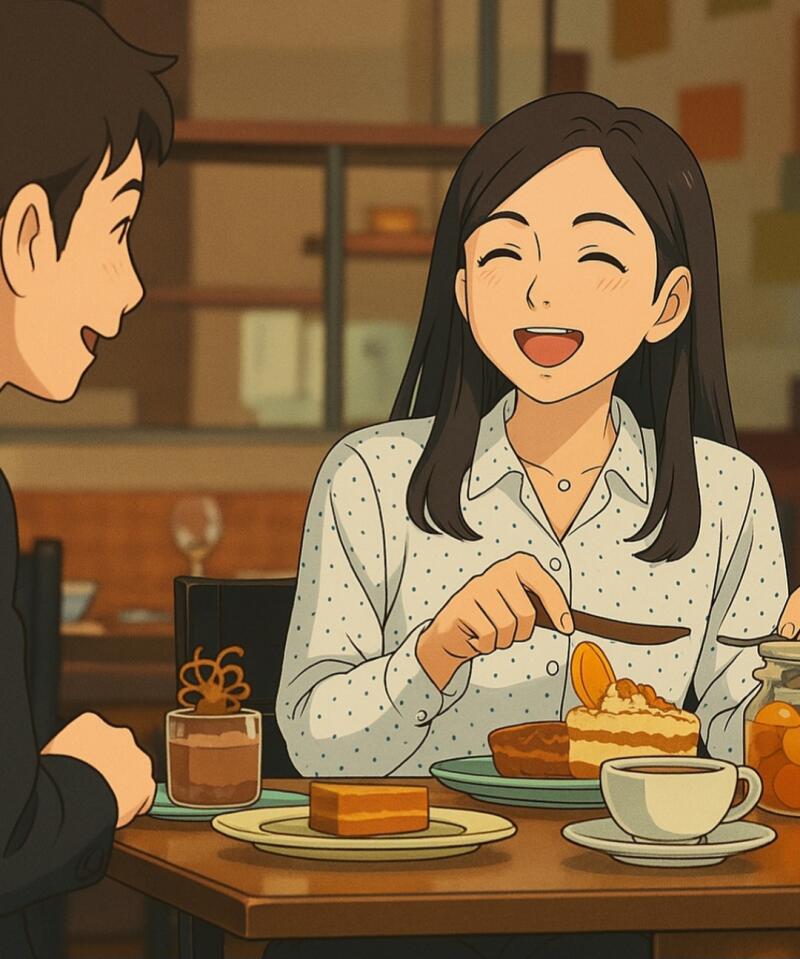 An animated image shows a smiling woman in a polka-dot shirt, holding a knife and eating cake at a table with a man, with other desserts and a cup of tea.