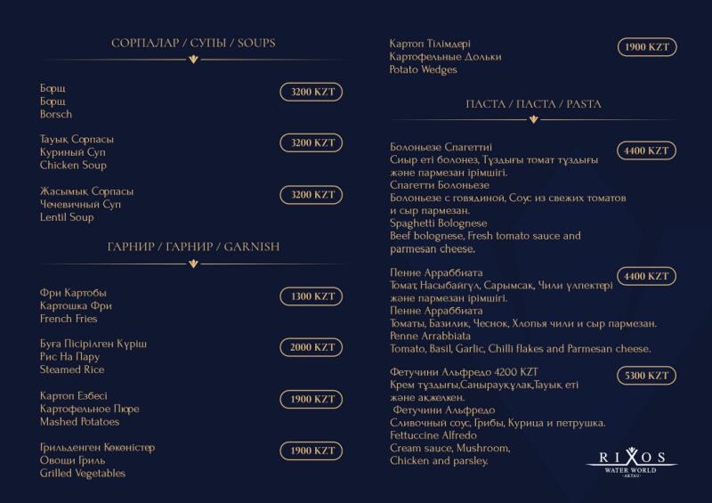 A menu with food options such as soups, garnishes, and pasta, including borscht, chicken soup, lentil soup, french fries, steamed rice, mashed potatoes, grilled vegetables, potato wedges, spaghetti bolognese, penne arrabbiata, and fettuccine alfredo, along with prices in KZT.