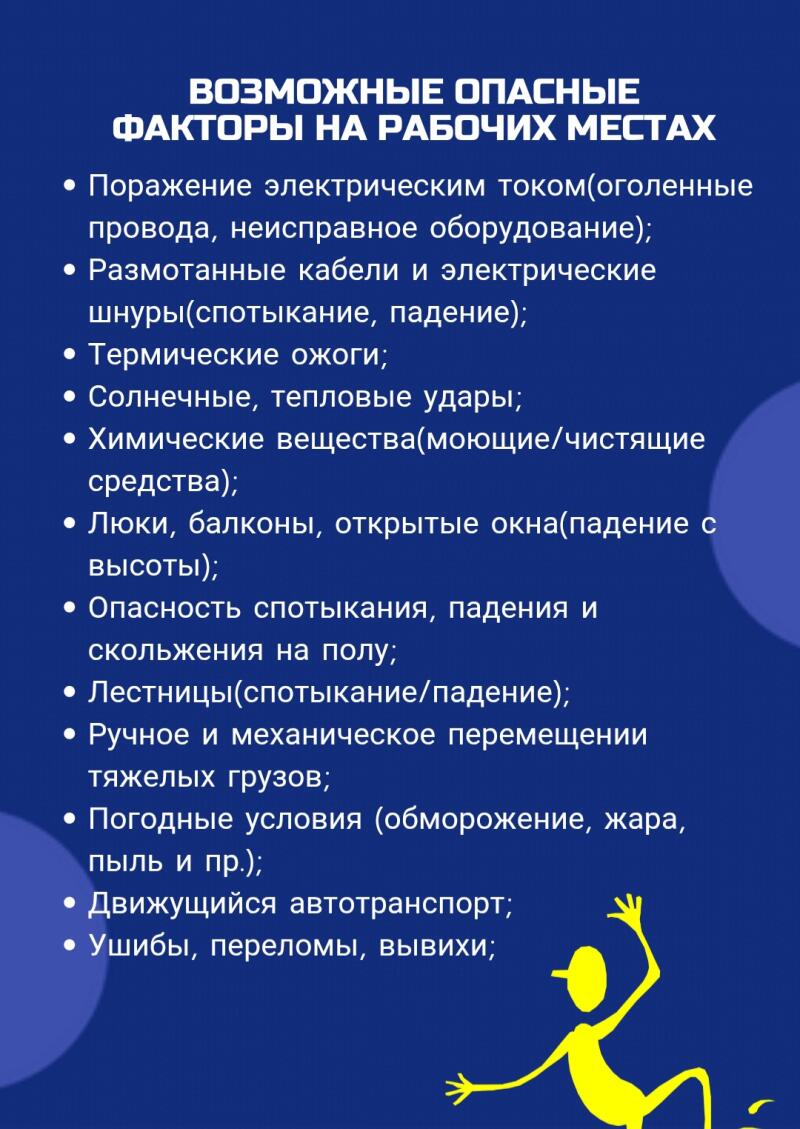 На изображении перечислены потенциальные опасности на рабочем месте, такие как поражение электрическим током, размотанные кабели, ожоги, солнечный удар, химические вещества, открытые окна, опасность поскользнуться, лестницы, перенос тяжестей, погодные условия, движущийся транспорт, ушибы и переломы, в сопровождении простой желтой фигуры.