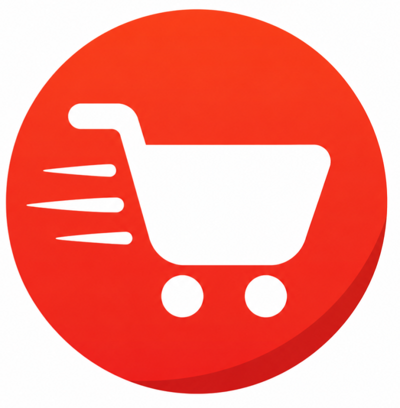 A white shopping cart icon with speed lines, suggesting motion, enclosed in a red circle.
