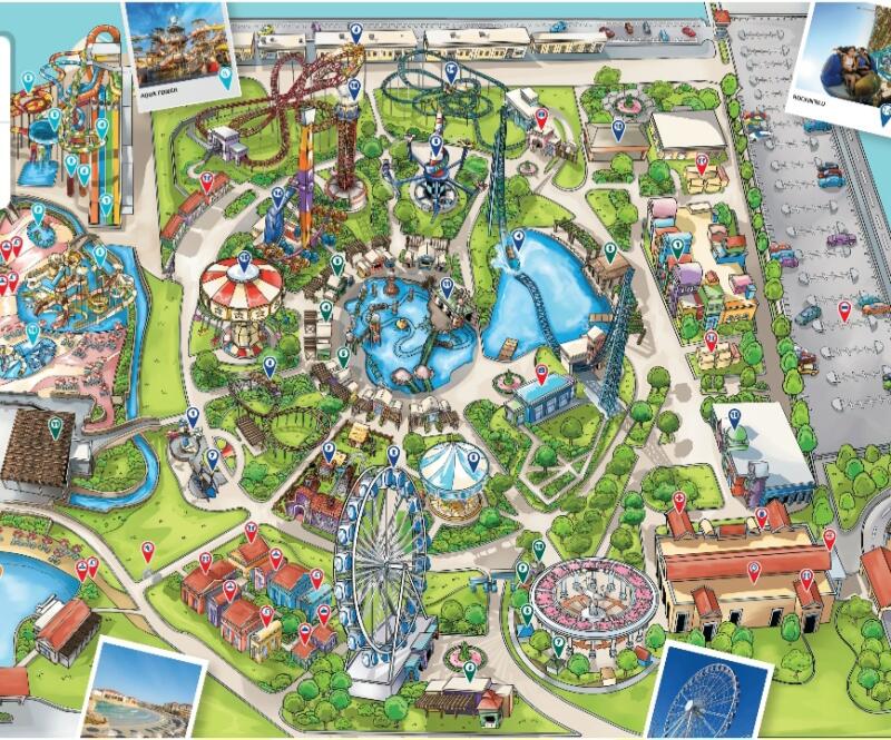 The image is a colorful map of an amusement park, including roller coasters, water parks, a Ferris wheel, carousels, and small buildings, all set among green spaces and pathways.