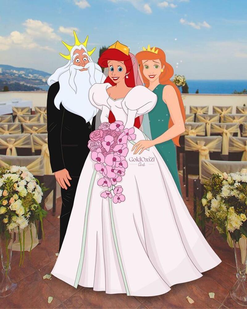 The image shows Ariel in a wedding dress with her father King Triton and her sister at an outdoor wedding venue overlooking the ocean.