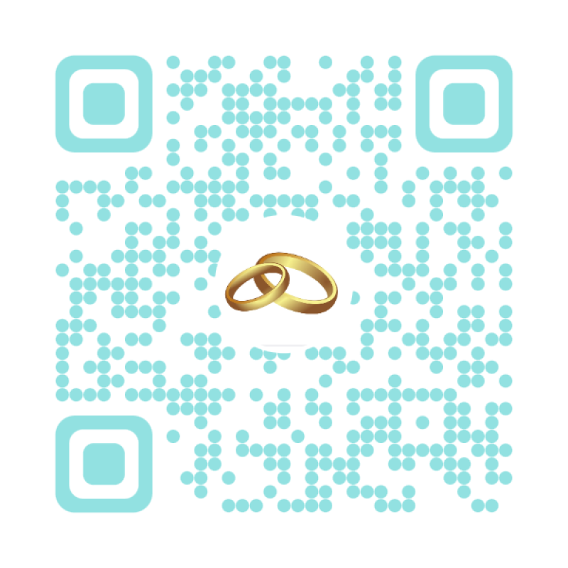 QR-код со светло-голубыми модулями на белом фоне, в центре которого расположена эмблема из двух золотых обручальных колец.