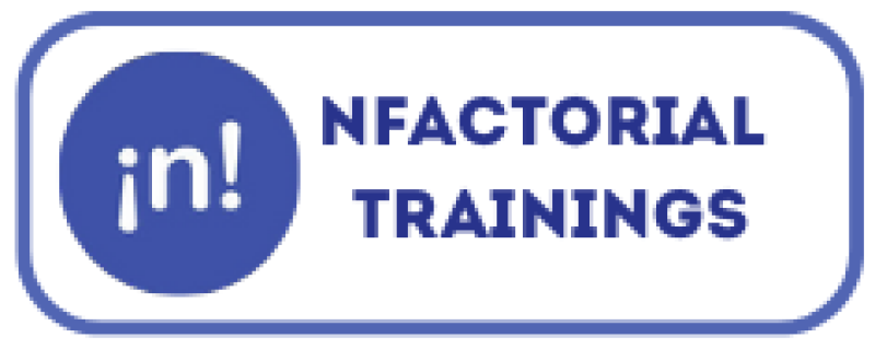 The image shows a logo for "NFACTORIAL TRAININGS" inside a rounded rectangle with the text "in!" inside a circle to the left.