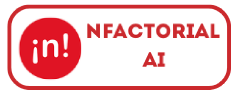 The logo features a red rounded rectangle with the text "NFACTORIAL AI" in red, next to a red circle containing the text "in!" in white.