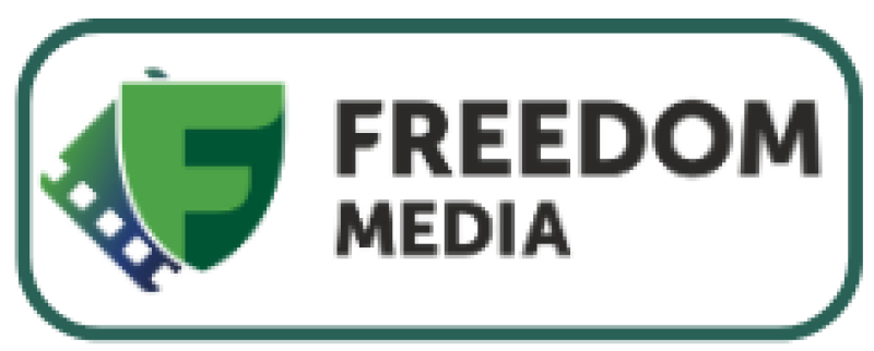 The logo features a green shield with the letter F, accompanied by a blue film strip and the text "FREEDOM MEDIA" in black.