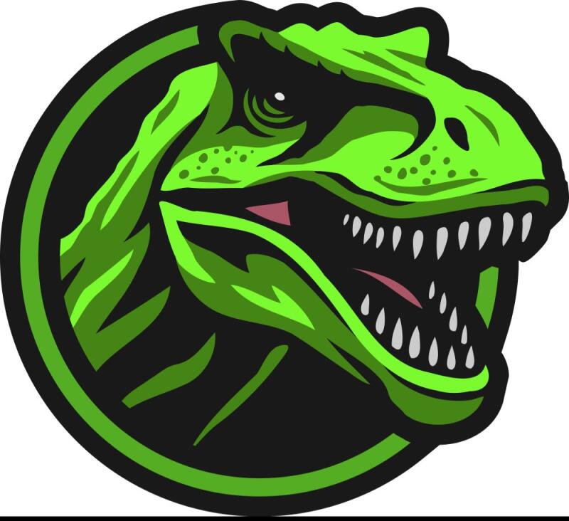 A vibrant green Tyrannosaurus Rex head with an open mouth showing sharp teeth and a pink tongue, set within a black circular background with a thick green outline.