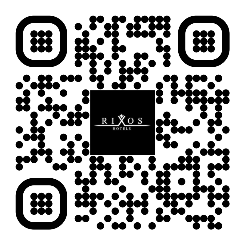 The image shows a QR code with the Rixos Hotels logo in the center.