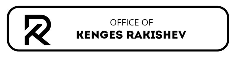 The image shows a white logo featuring a stylized 'R' on the left and the text 'OFFICE OF KENGE RAKISHEV' in black, all enclosed within a black rounded rectangle.