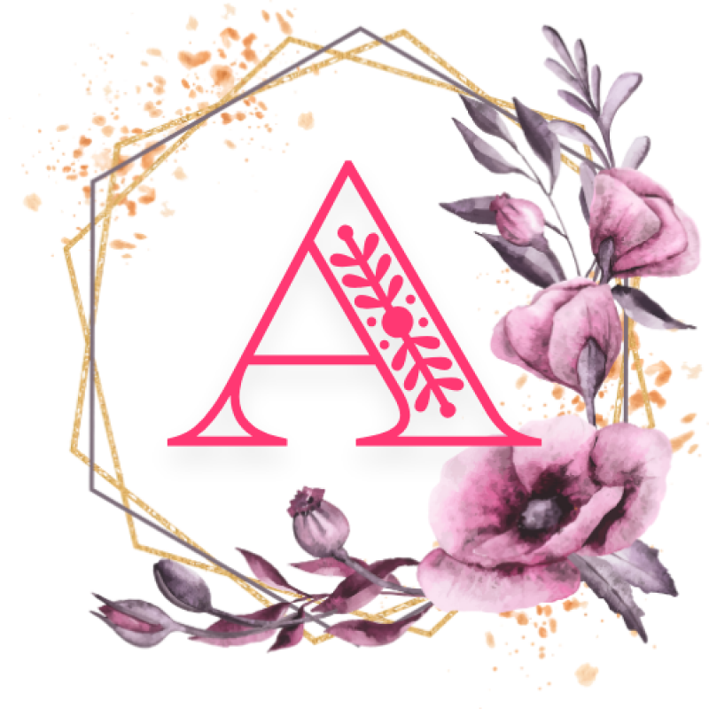 The image features a pink letter 'A' with floral designs inside, surrounded by a gold hexagon frame and watercolor-style pink flowers and leaves.