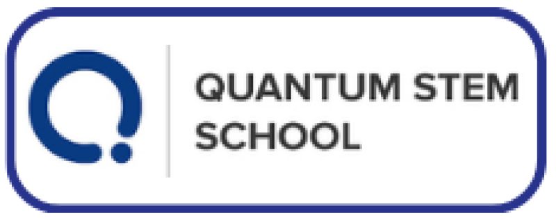 The image is a logo for Quantum STEM School, featuring a stylized 'Q' symbol in navy blue next to a vertical line, followed by the text 'QUANTUM STEM SCHOOL' in black, all enclosed within a rounded-corner rectangle with a navy blue border.